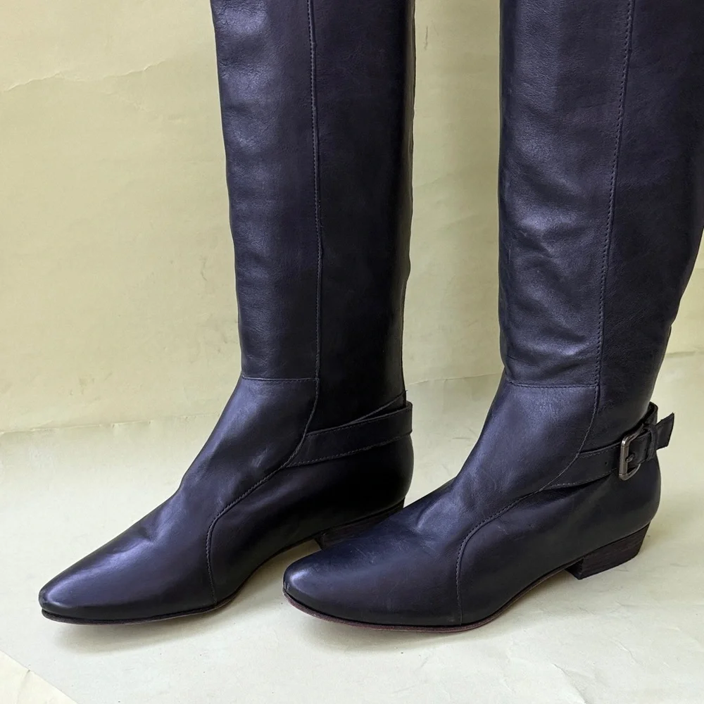 New Vintage Joie Black All Leather Over the Knee Boots with Buckles